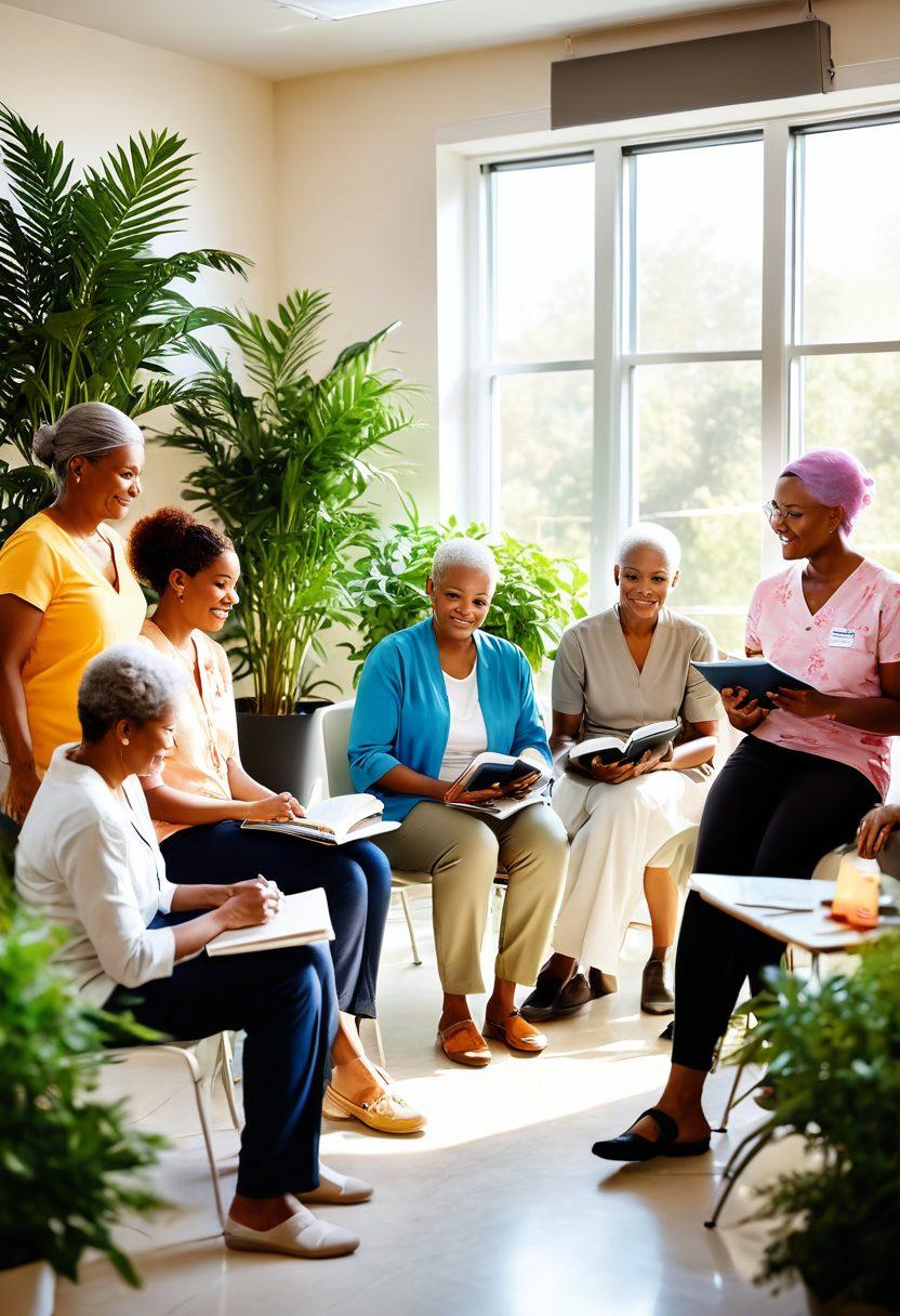 A calm and uplifting scene depicting a diverse group of cancer patients and survivors engaging with various resources: books, laptops, and support group meetings in a bright, welcoming room filled with plants and soft light. Incorporate elements symbolizing hope, like butterflies and sunlight breaking through clouds. Include supportive healthcare professionals in the background providing encouragement. super-realistic. vibrant colors. soft light.