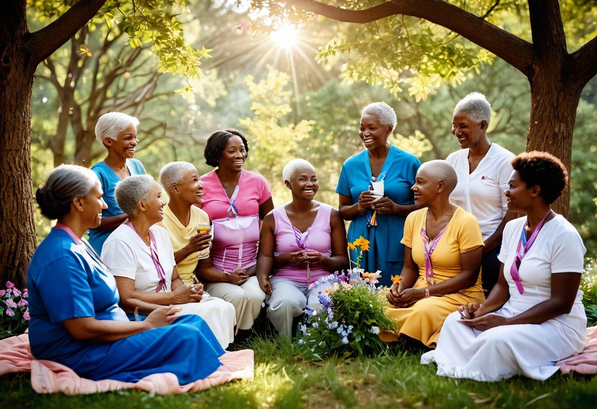 A heartwarming scene depicting a diverse group of cancer survivors sharing stories, surrounded by colorful support ribbons and flowers. Include elements of wellness like herbal tea and books on health, with a soft, inviting background that symbolizes hope. Sunlight filtering through trees adds a warm glow, celebrating empowerment and community. vibrant colors. super-realistic.